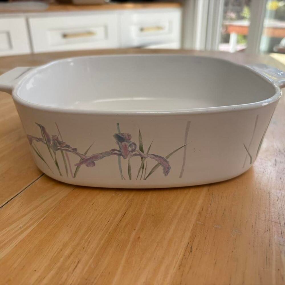 Vintage corning ware white square casserole dish with floral design